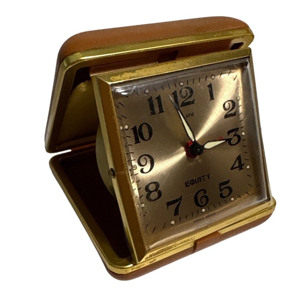 Equity Travel Alarm Clock In Brown Leatherette Case Vintage 3"